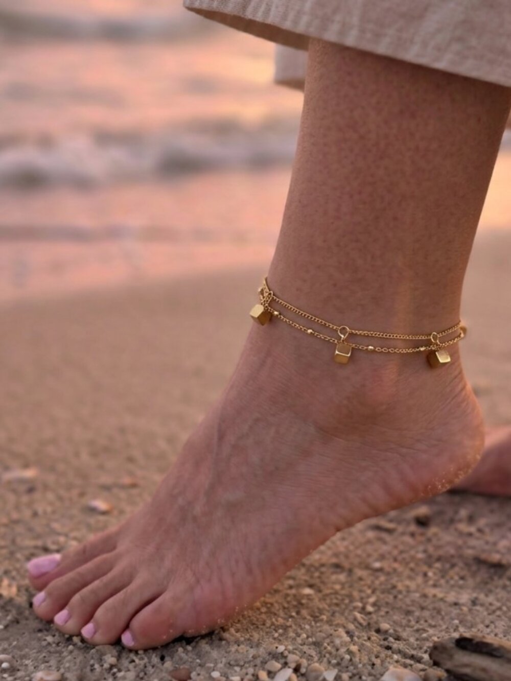 Dainty Gold Cube Charm Anklet Layered Double Strand Foot Bracelet Boho Beach
